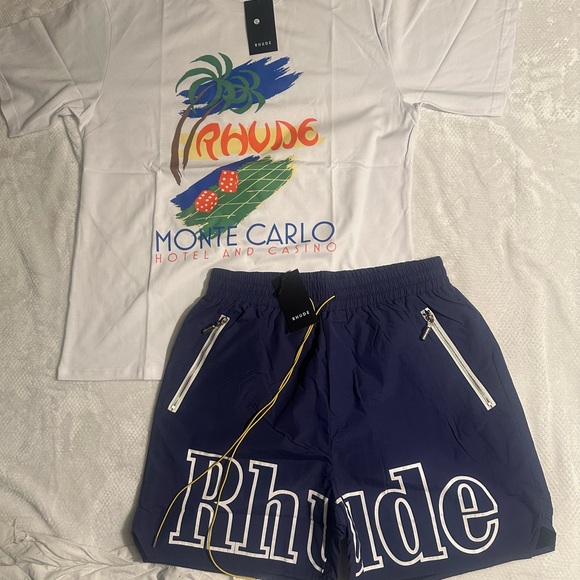 Rhude Whits Shirt and Blue Athletic Shorts with Bold Branding - Picture 3 of 6